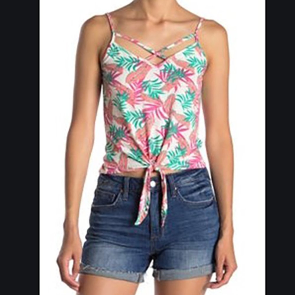 Poof Tie Front Tropical Tank Top Juniors Large L White Strappy Crisscross S02